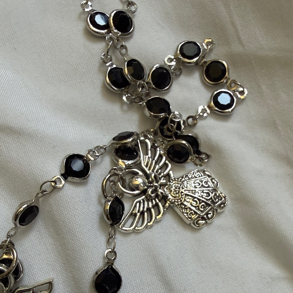 Layered Silver Angel & Heart Necklace with Black Bead Accents - Picture 8 of 9